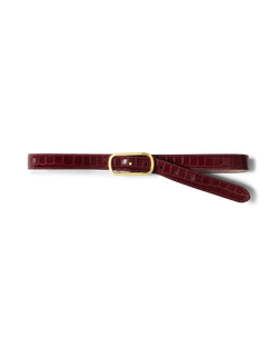Veronica Beard Burgundy crocodile leather belt with gold buckle.