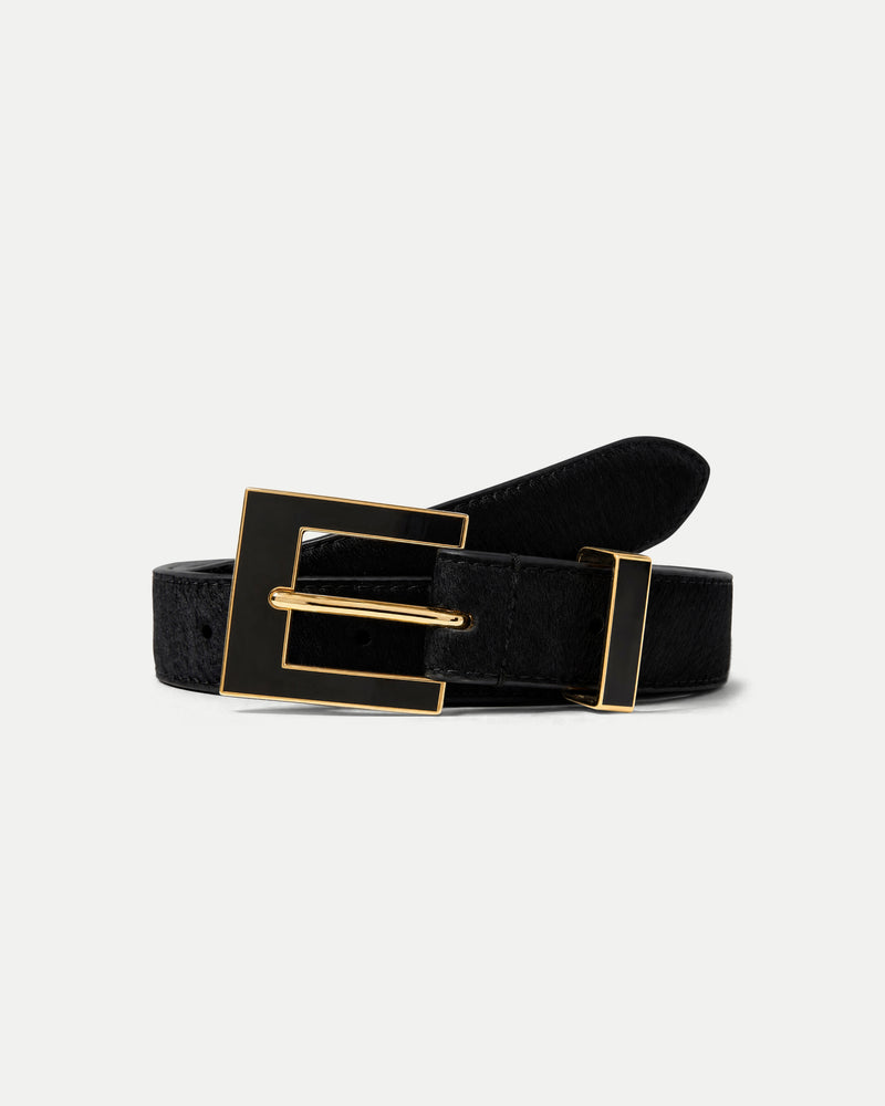 Veronica Beard Black leather belt with gold square buckle.