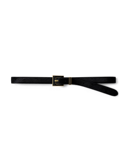 Veronica Beard Black leather belt with gold square buckle.
