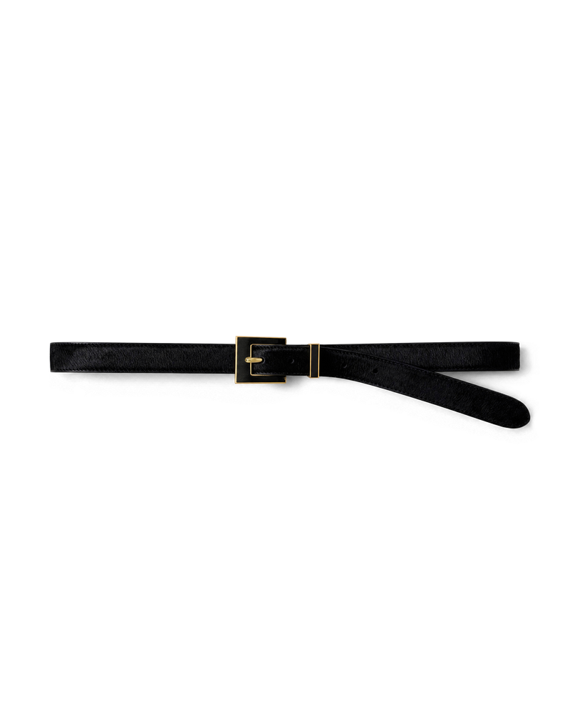 Veronica Beard Black leather belt with gold square buckle.