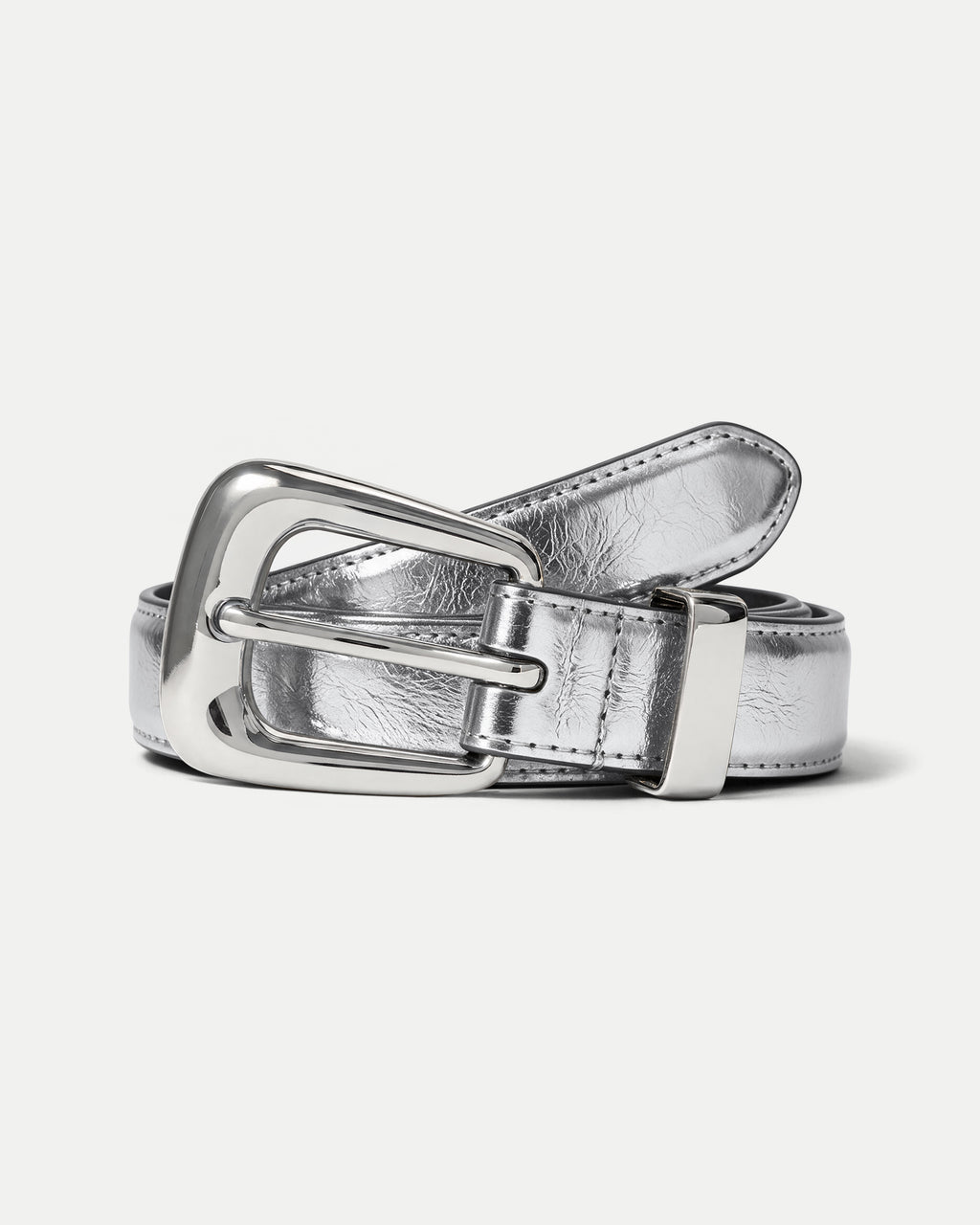 Veronica Beard Metallic silver leather belt with square buckle.