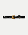 Veronica Beard Black leather belt with intricate gold woven buckle.