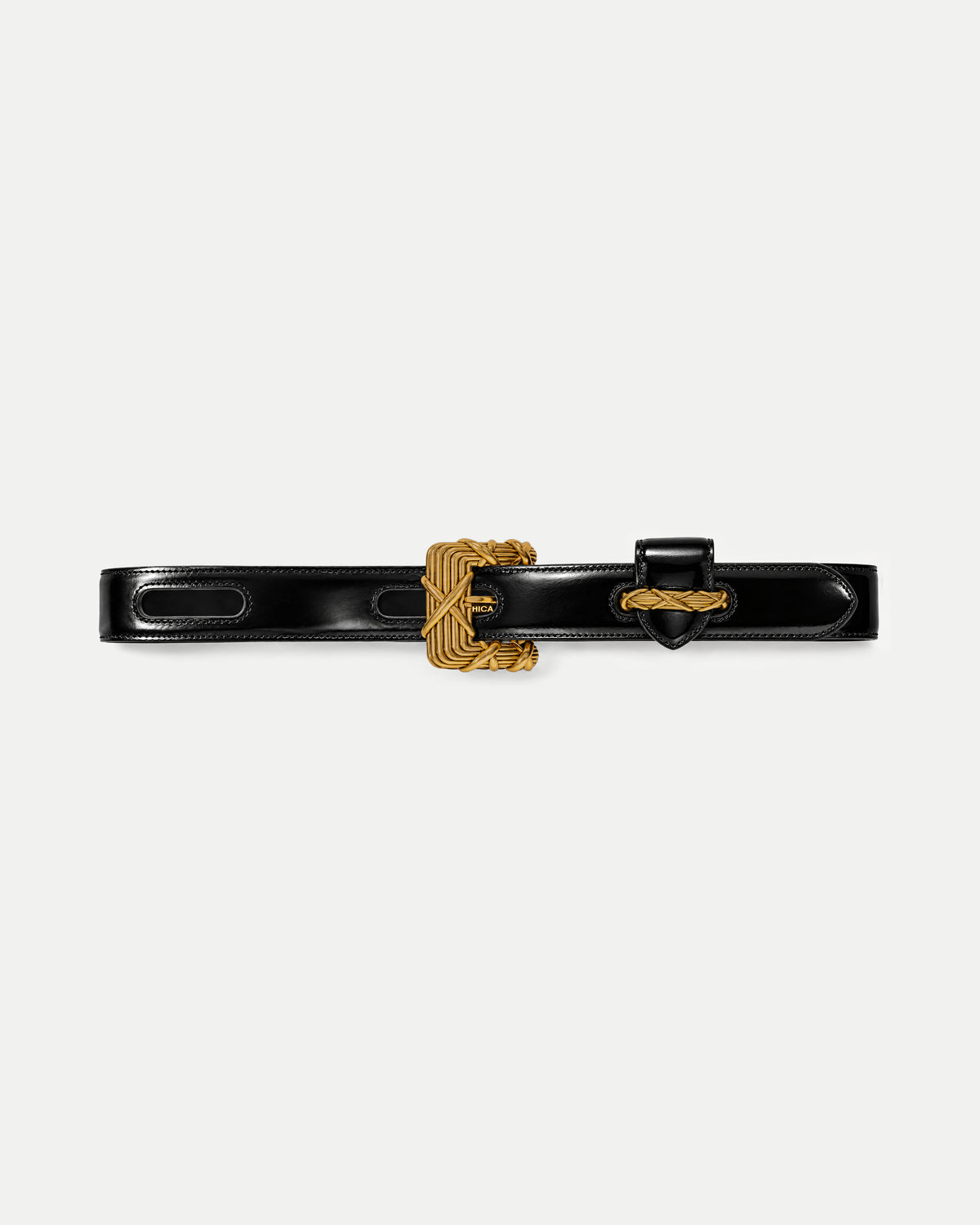 Veronica Beard Black leather belt with intricate gold woven buckle.