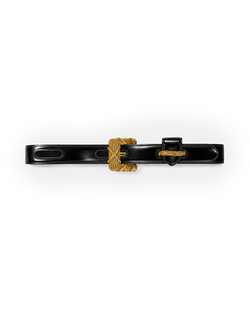 Veronica Beard Black leather belt with ornate gold buckle.