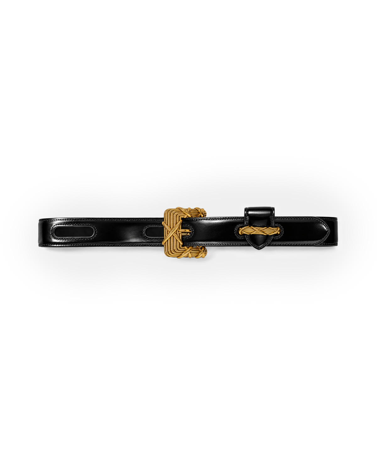 Veronica Beard Black leather belt with ornate gold buckle.