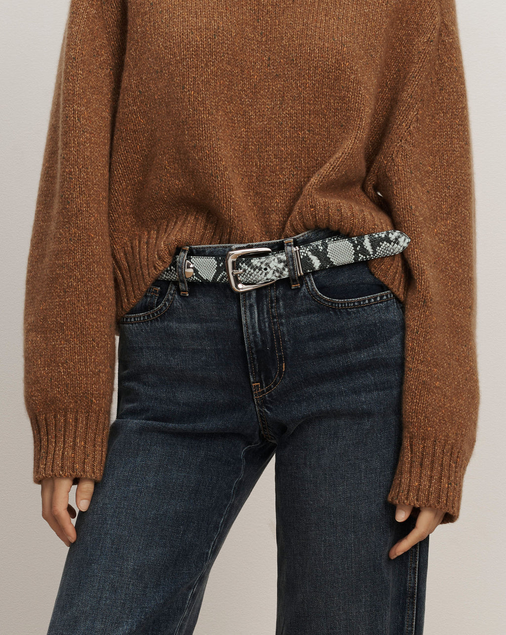 Veronica Beard Snakeskin print leather belt with silver buckle.