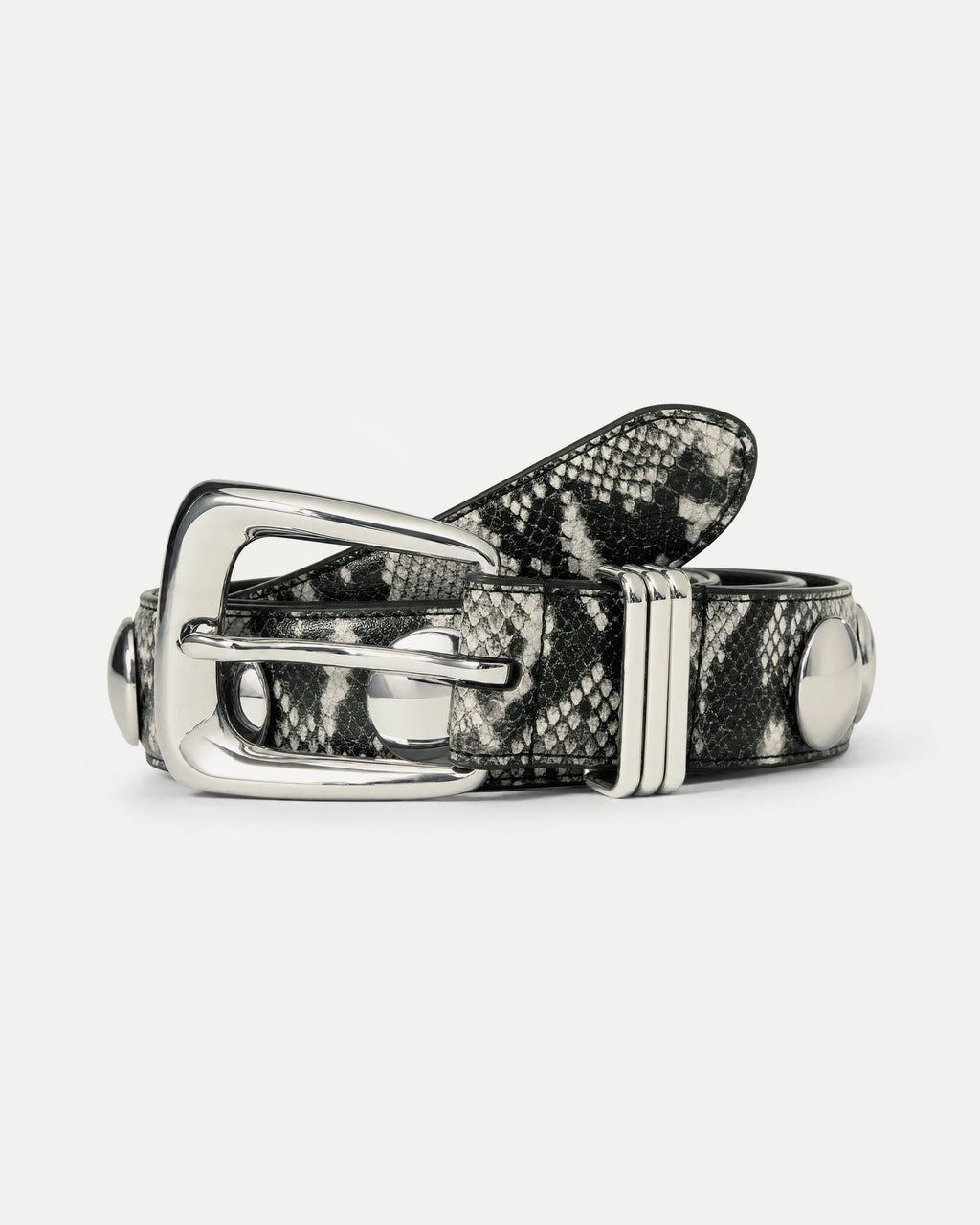Veronica Beard Black and white snakeskin leather belt with metal buckle.