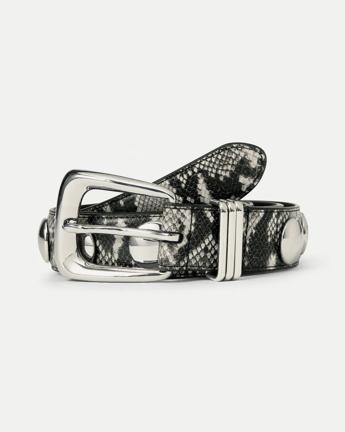 Veronica Beard Black and white snakeskin leather belt with metal buckle.