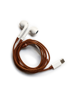 Veronica Beard White earbuds with a coiled brown braided cord and USB-C connector.