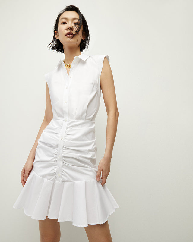 Bell Button Down Ruched Shirtdress - White - 1