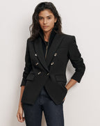 Veronica Beard Black double-breasted blazer with silver buttons.