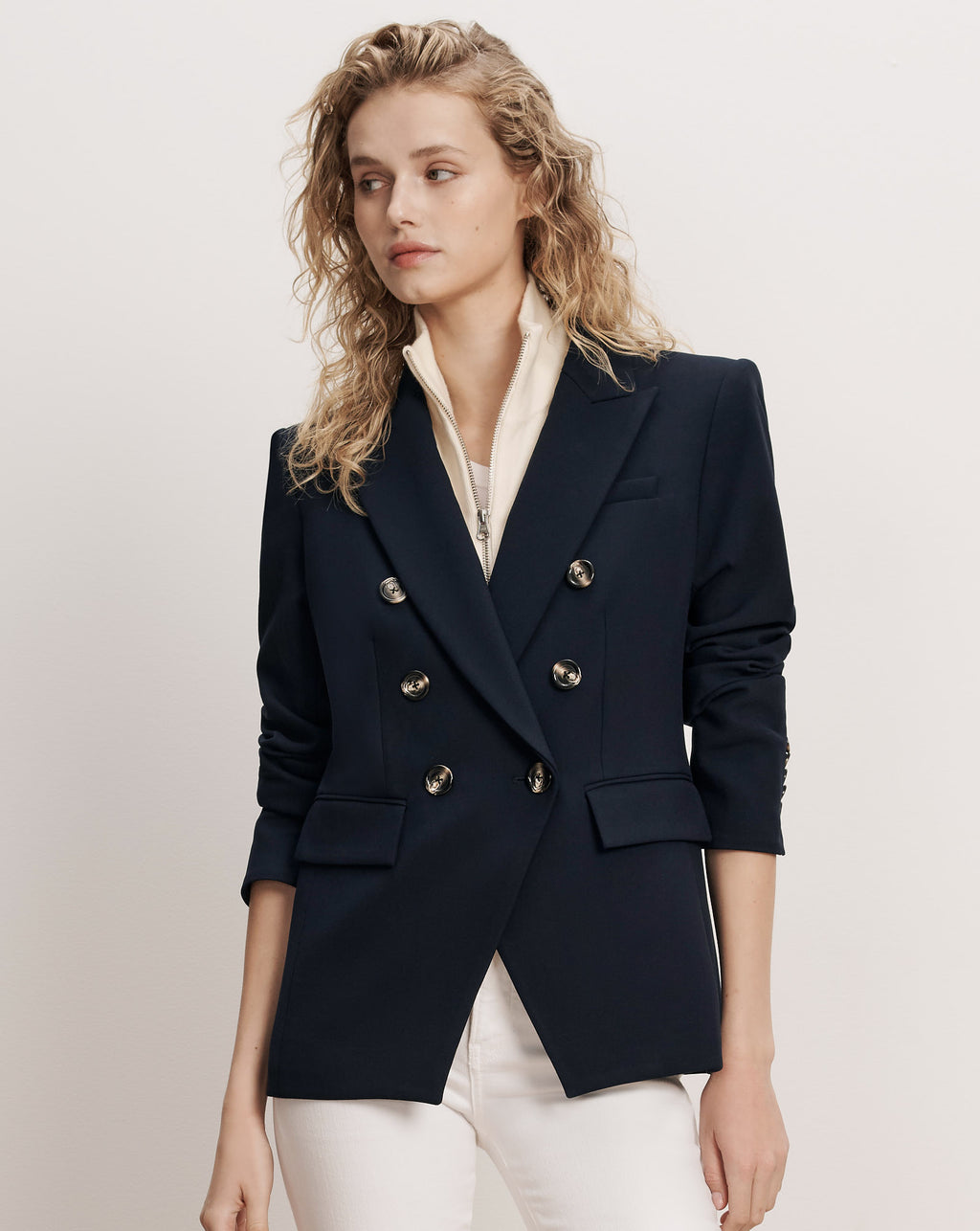 Veronica Beard Navy double-breasted blazer with gold buttons.