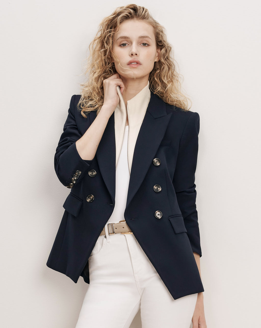 Veronica Beard Navy double-breasted blazer with gold buttons.