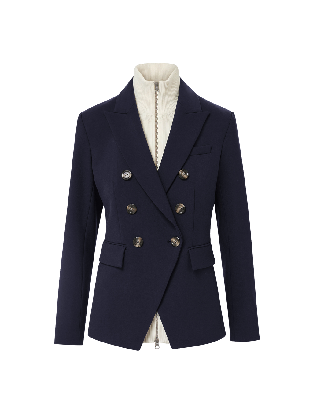 Veronica Beard Navy double-breasted blazer with brown buttons.