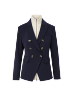 Veronica Beard Navy double-breasted blazer with brown buttons.