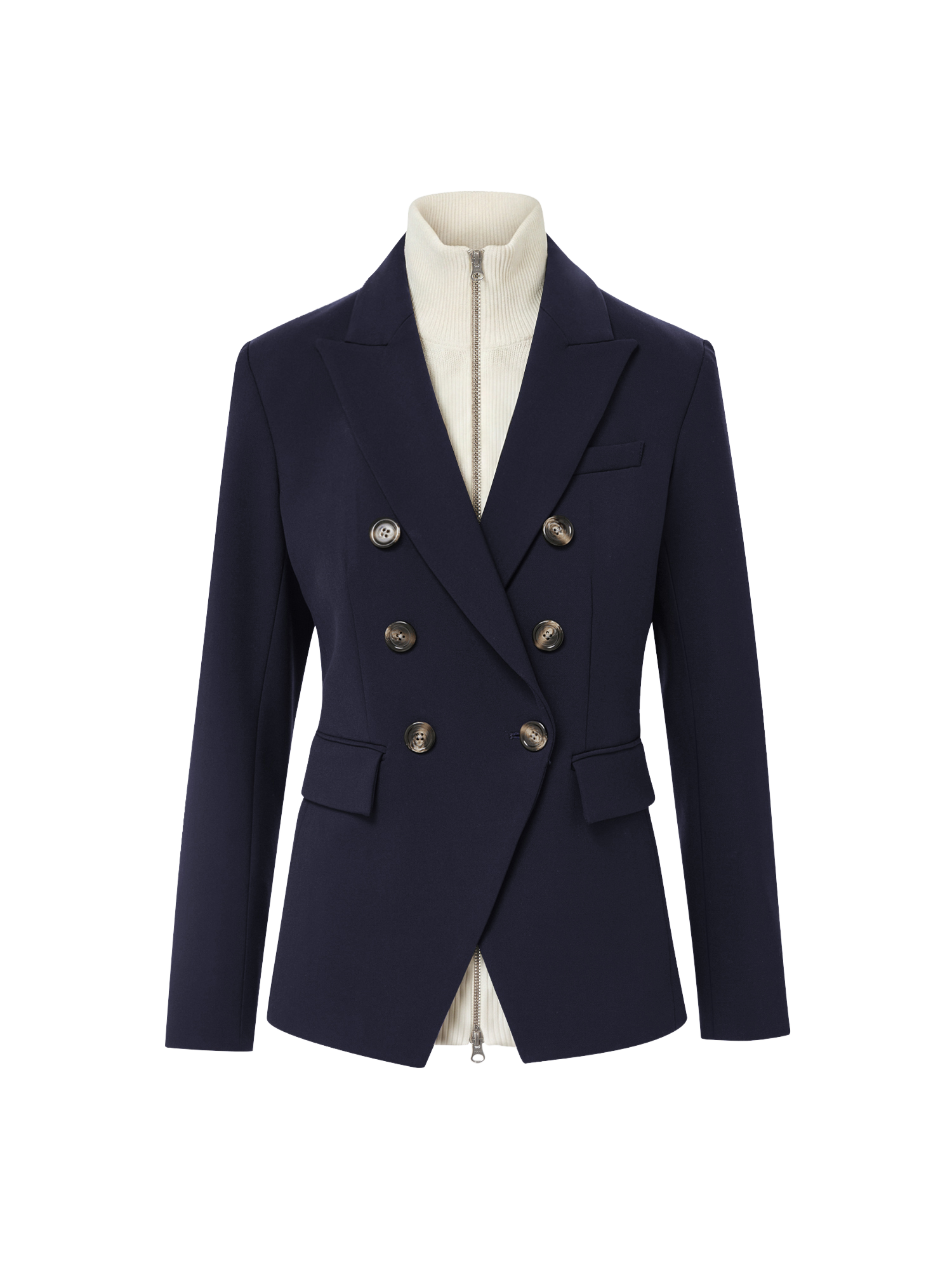 Veronica Beard Navy double-breasted blazer with brown buttons.