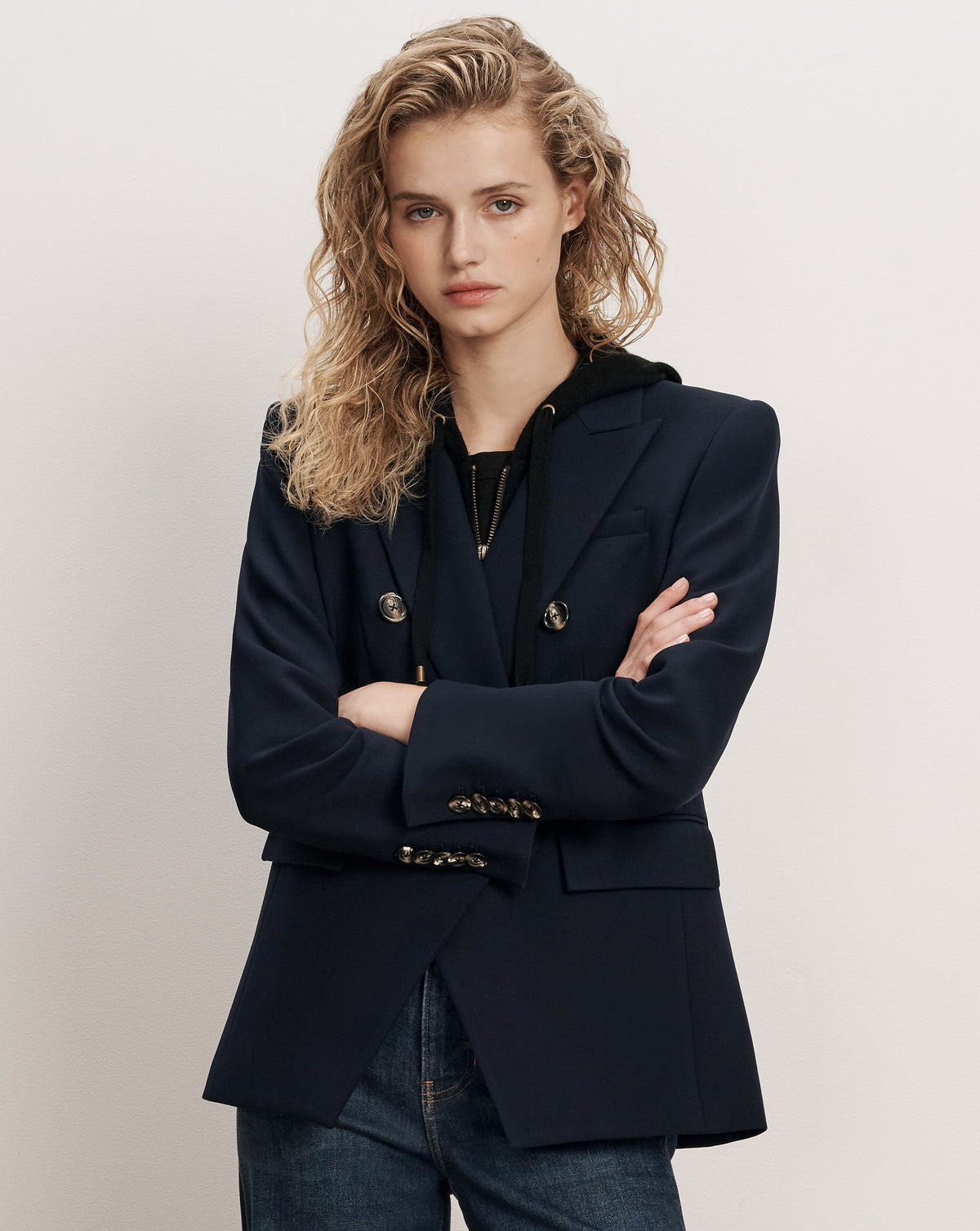 Veronica Beard Navy double-breasted blazer with gold buttons.