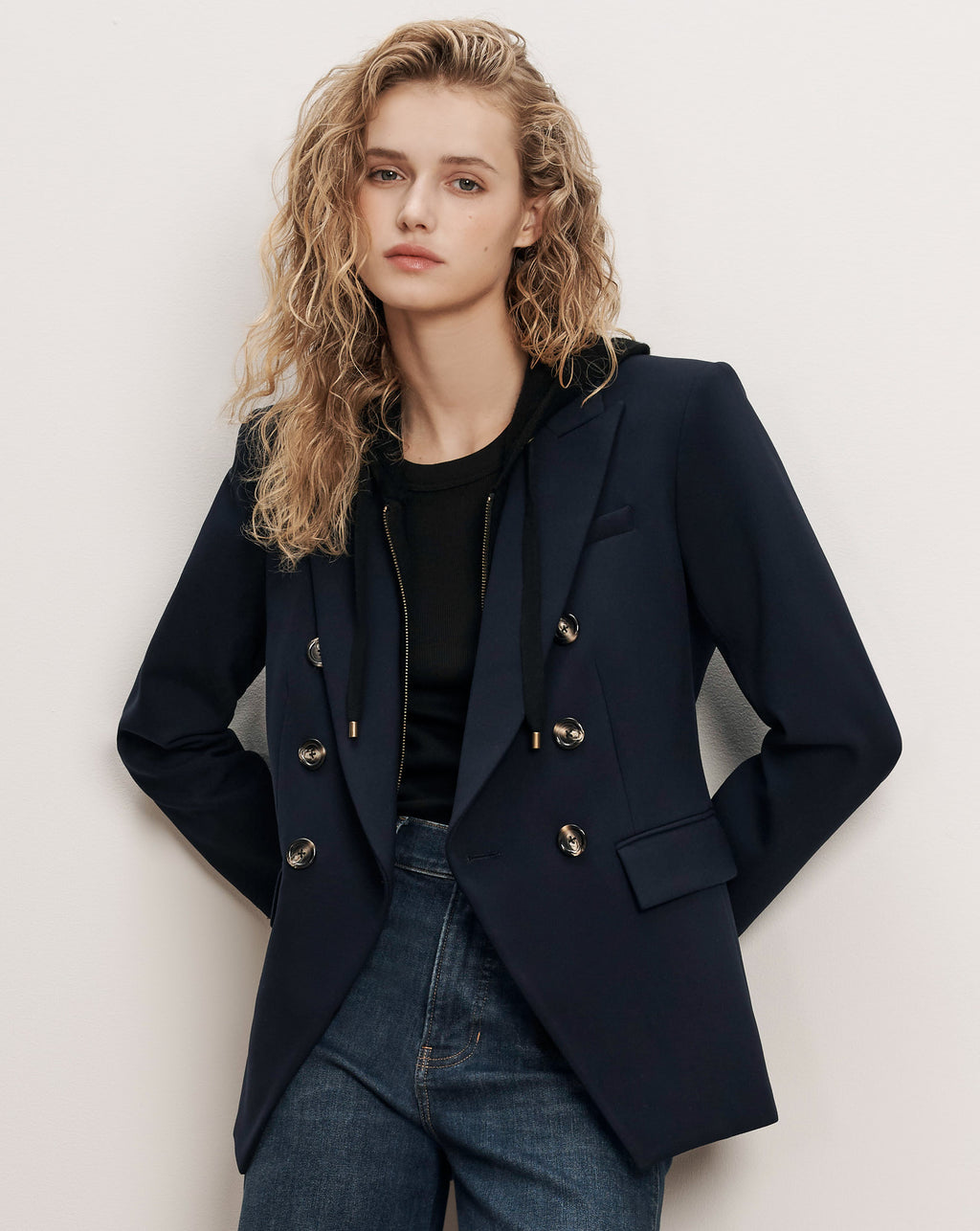 Veronica Beard Navy double-breasted blazer with gold buttons.