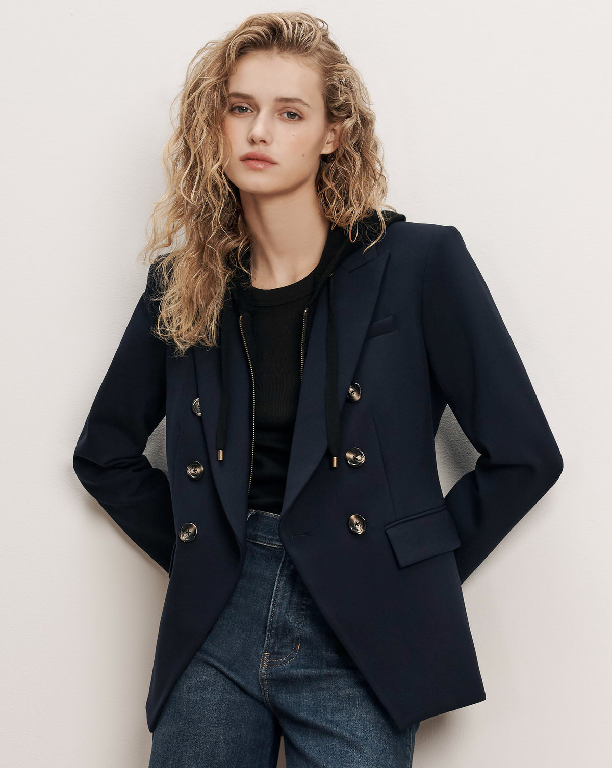 Veronica Beard Navy double-breasted blazer with gold buttons.