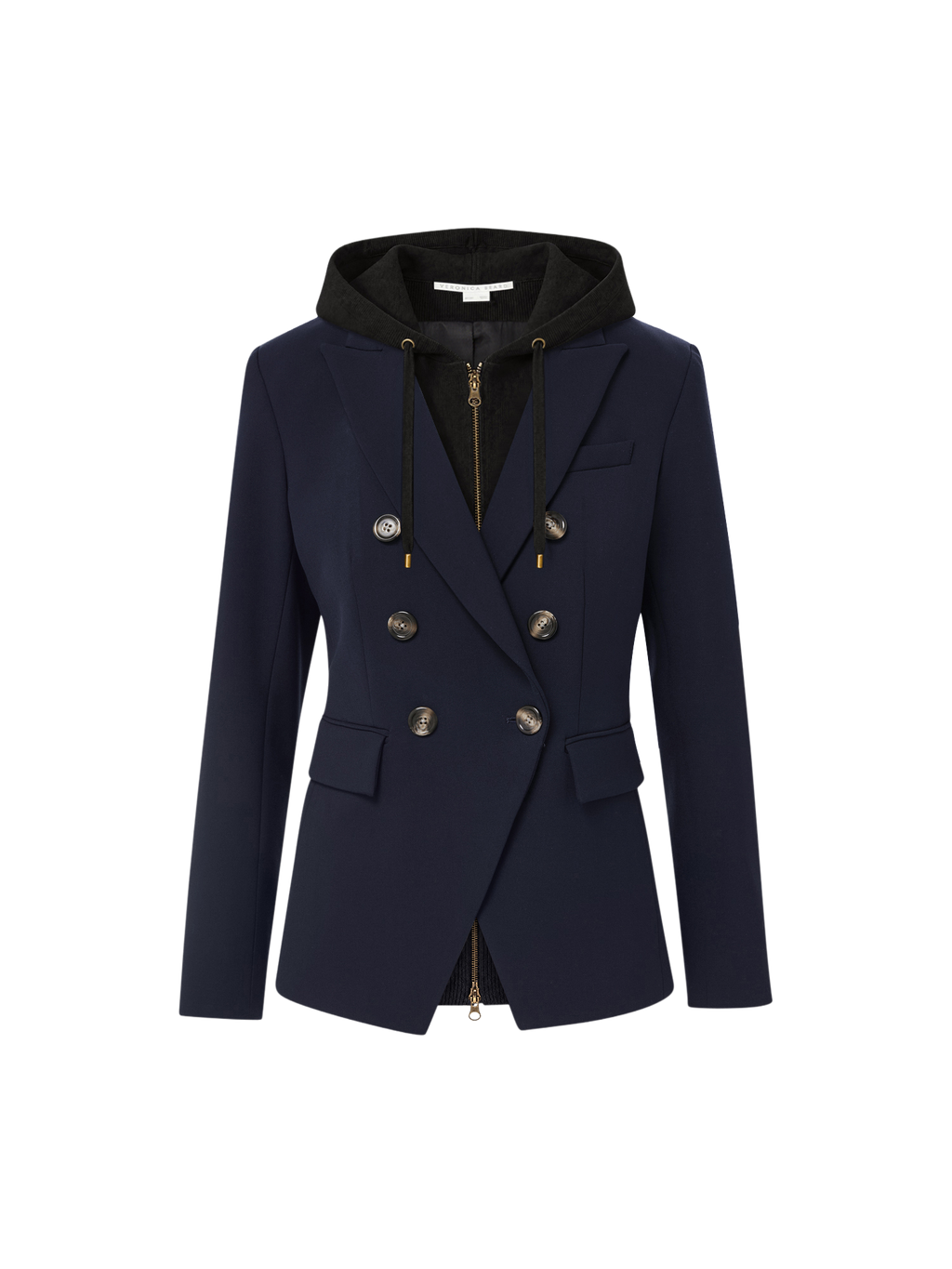 Veronica Beard Navy blazer with black hooded insert.