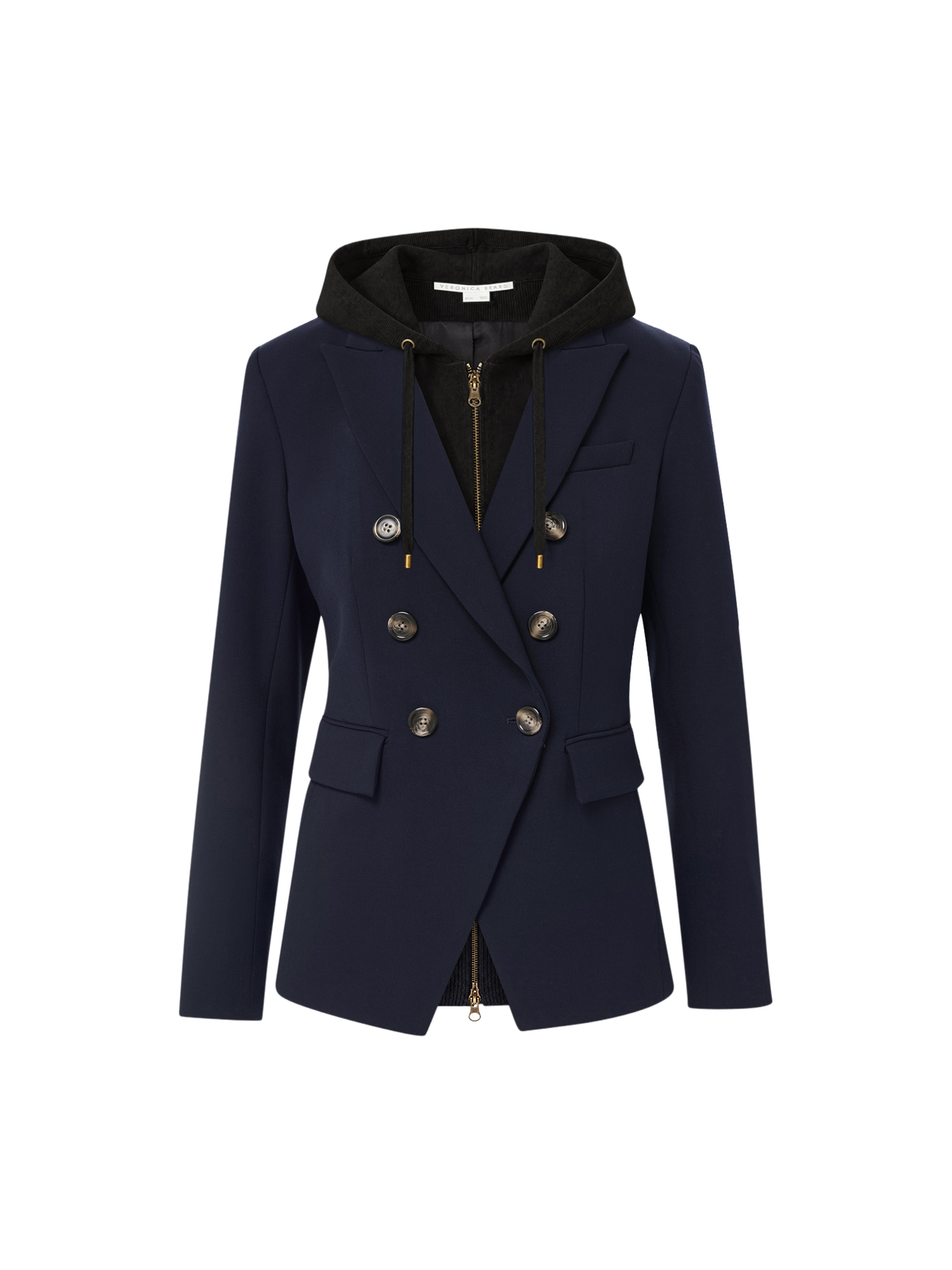Veronica Beard Navy blazer with black hooded insert.