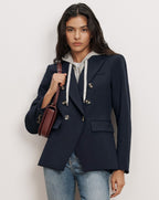 Veronica Beard Navy double-breasted blazer with gold buttons.