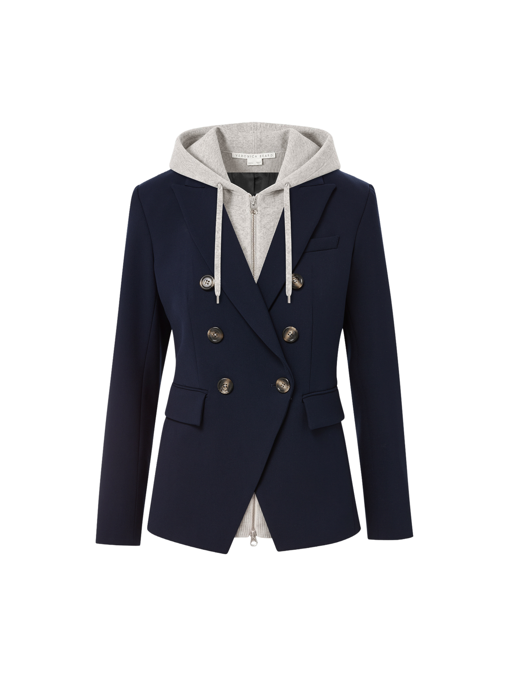 Veronica Beard Navy double-breasted blazer with an attached gray hooded insert.