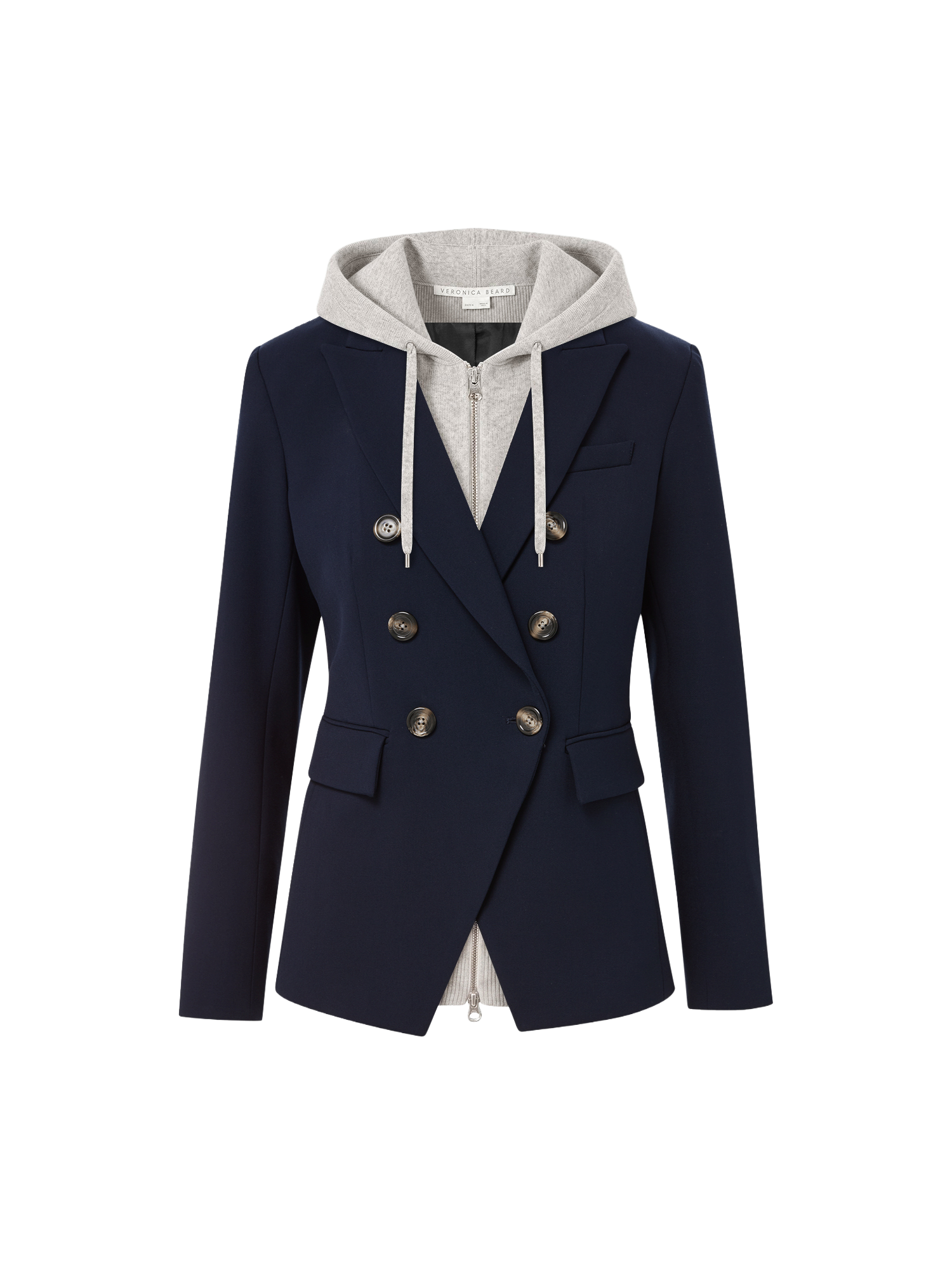 Veronica Beard Navy double-breasted blazer with an attached gray hooded insert.