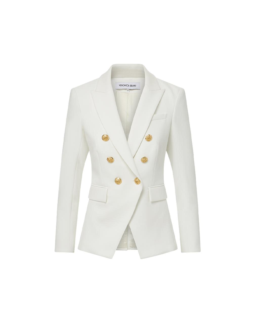 Veronica Beard White double-breasted blazer with gold buttons.