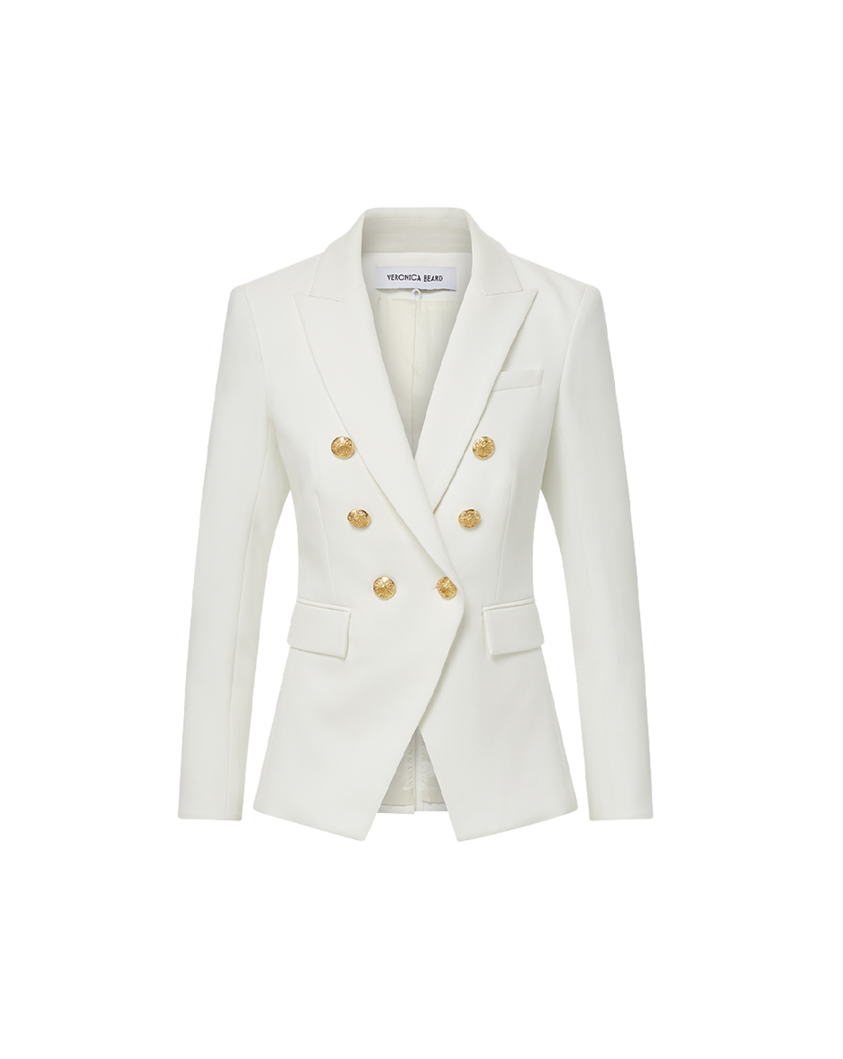Veronica Beard White double-breasted blazer with gold buttons.