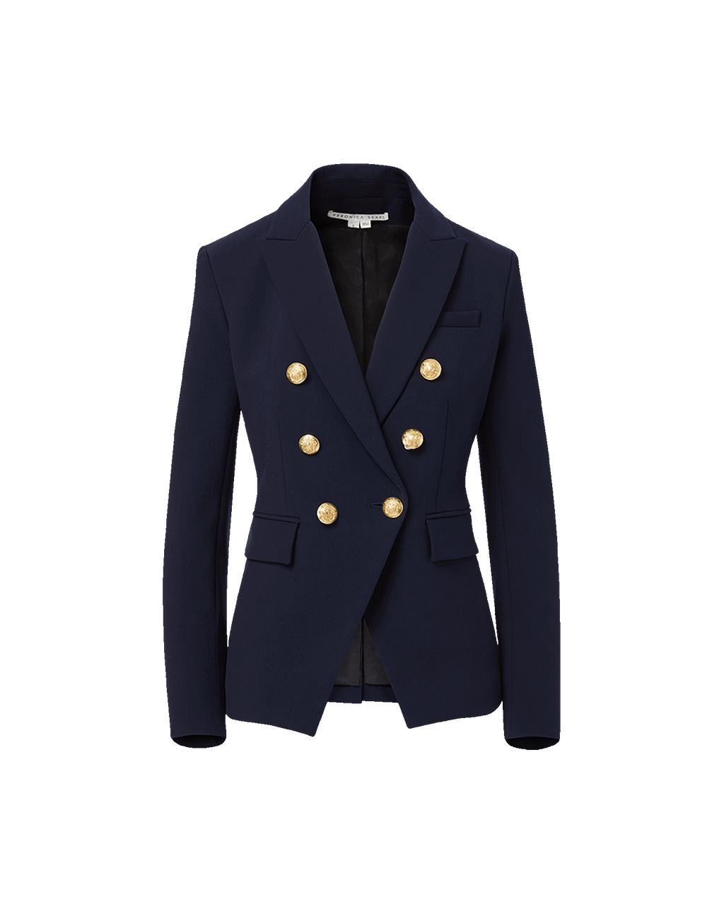 Veronica Beard Navy blue double-breasted blazer with gold buttons.