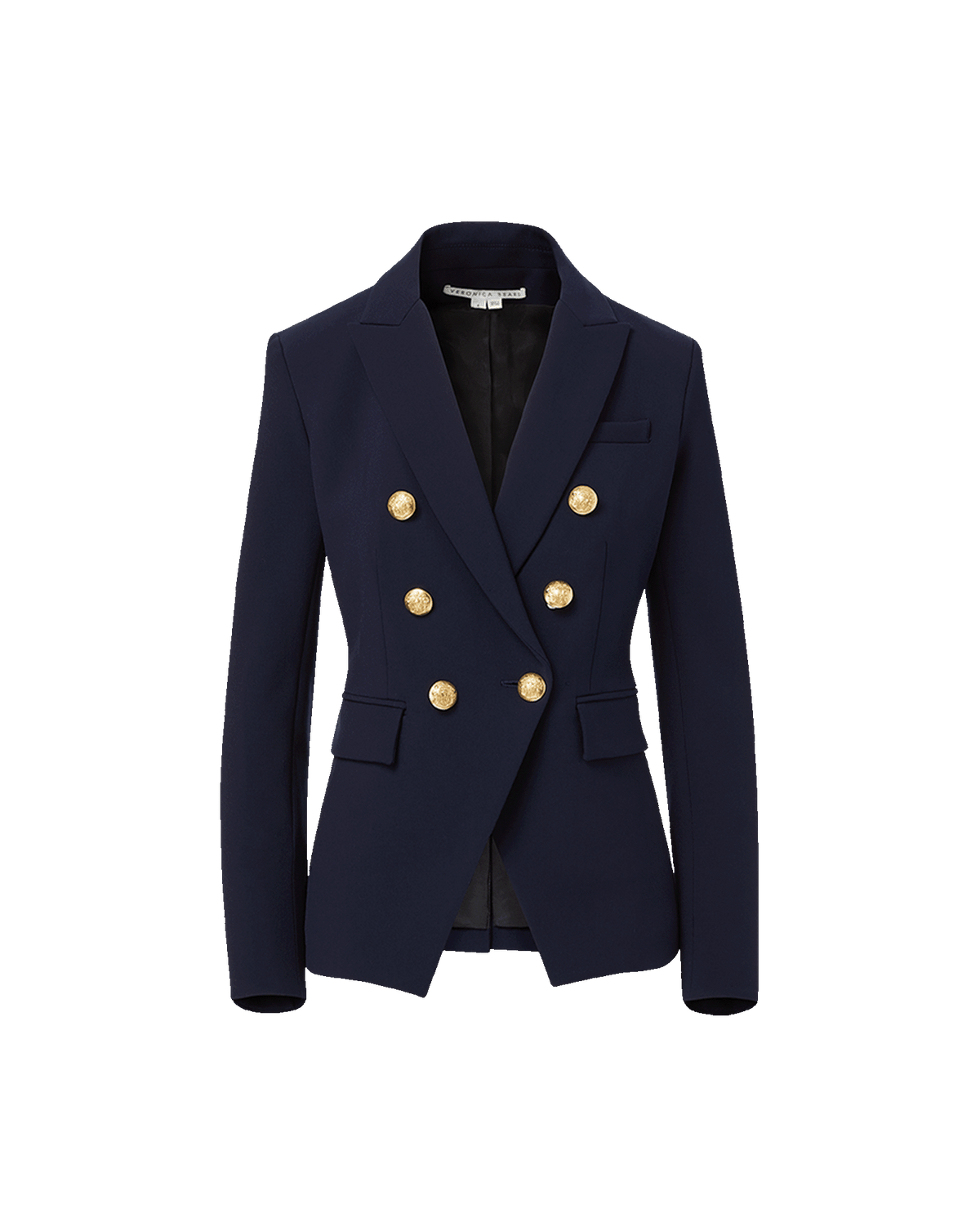 Veronica Beard Navy blue double-breasted blazer with gold buttons.