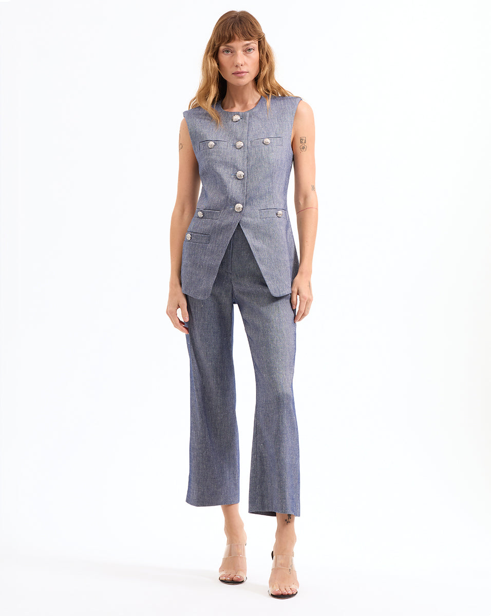 Aubrie Linen Pant in Blue Melange | Veronica Beard