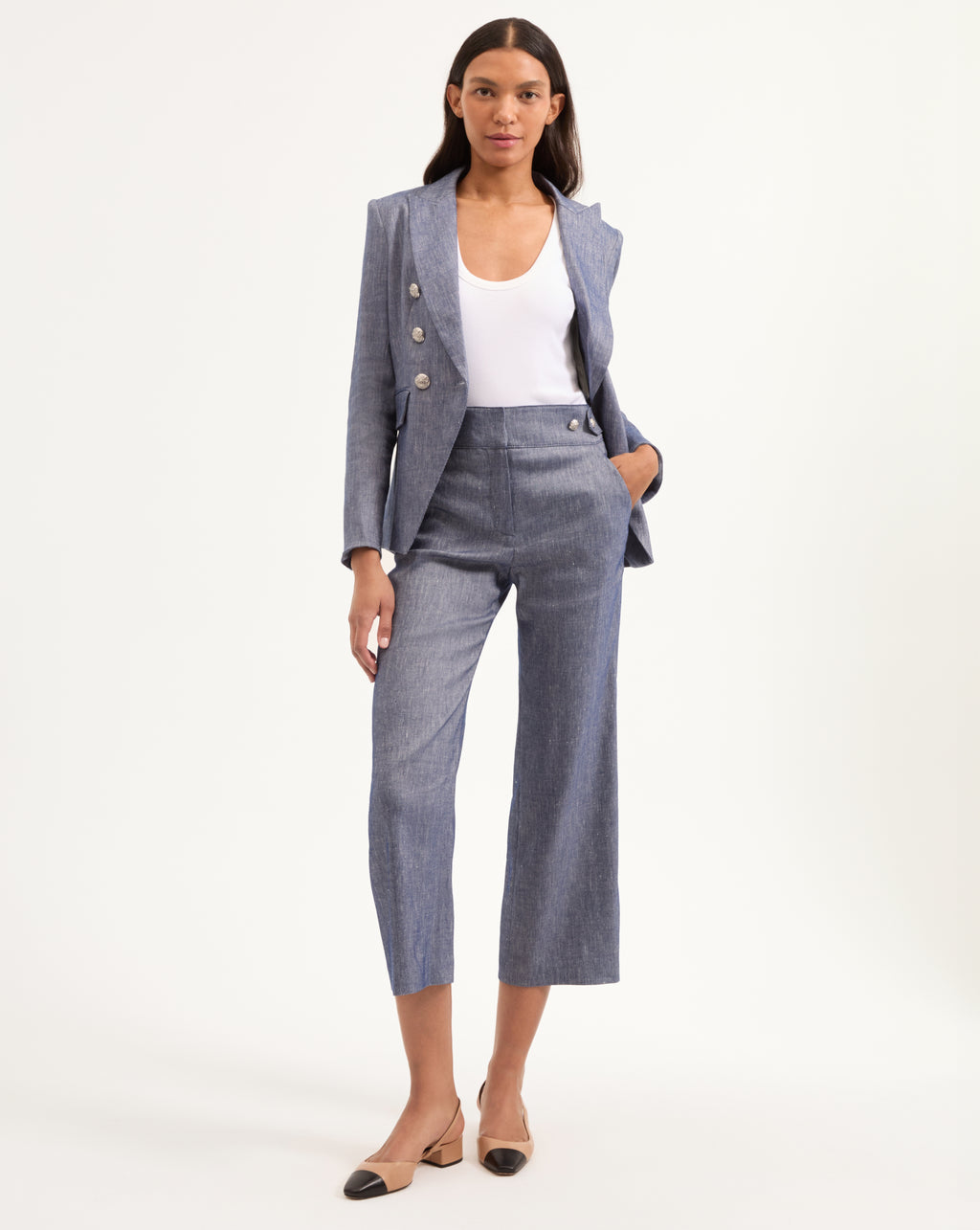 Veronica Beard Aubrie Cropped Wide-Leg Pant - Blue Melange