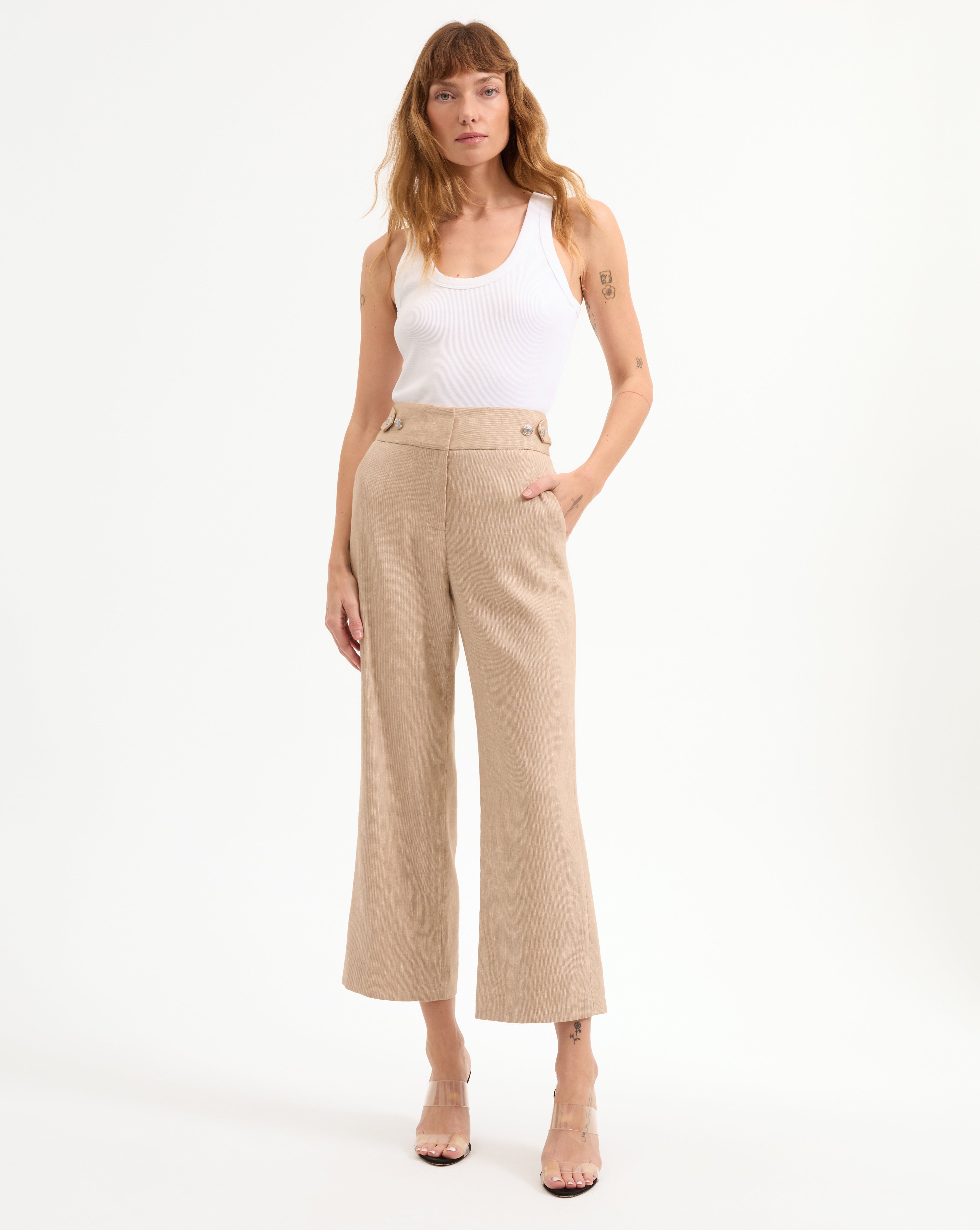Veronica Beard Aubrie Cropped Wide-Leg Pant - Khaki Melange