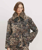 Veronica Beard Floral tapestry jacket with faux fur collar and matching skirt.