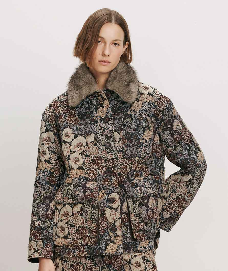Veronica Beard Floral tapestry jacket with faux fur collar and matching skirt.