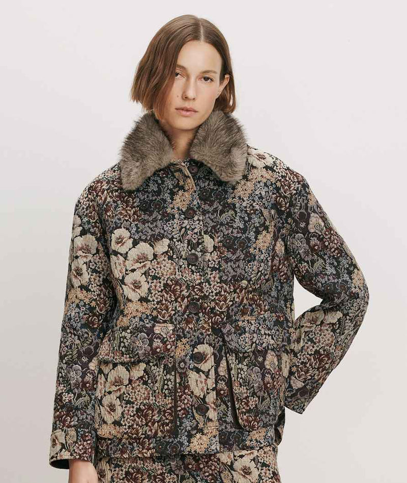 Veronica Beard Floral tapestry jacket with faux fur collar and matching skirt.
