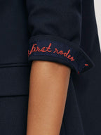 Veronica Beard Navy blue blazer with embroidered cuff detail.