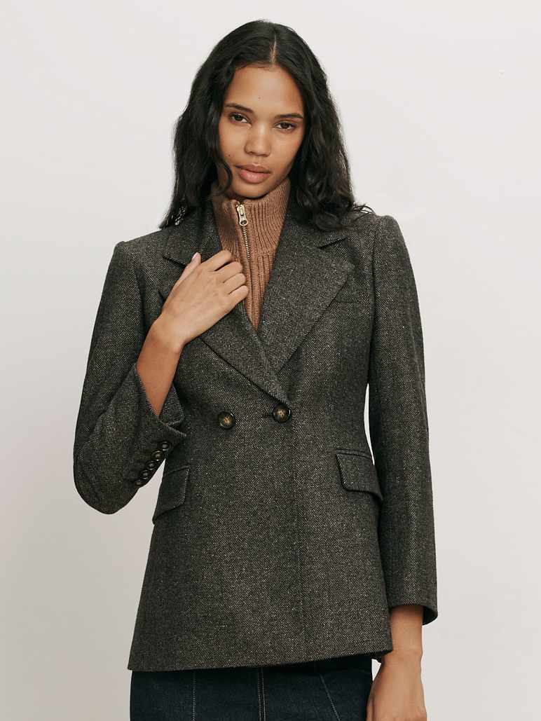 Veronica Beard Dark grey tailored double-breasted wool blazer.