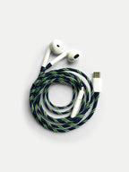 Veronica Beard White earbuds with blue and green braided cord.