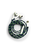 Veronica Beard White earbuds with a blue and green braided cord.