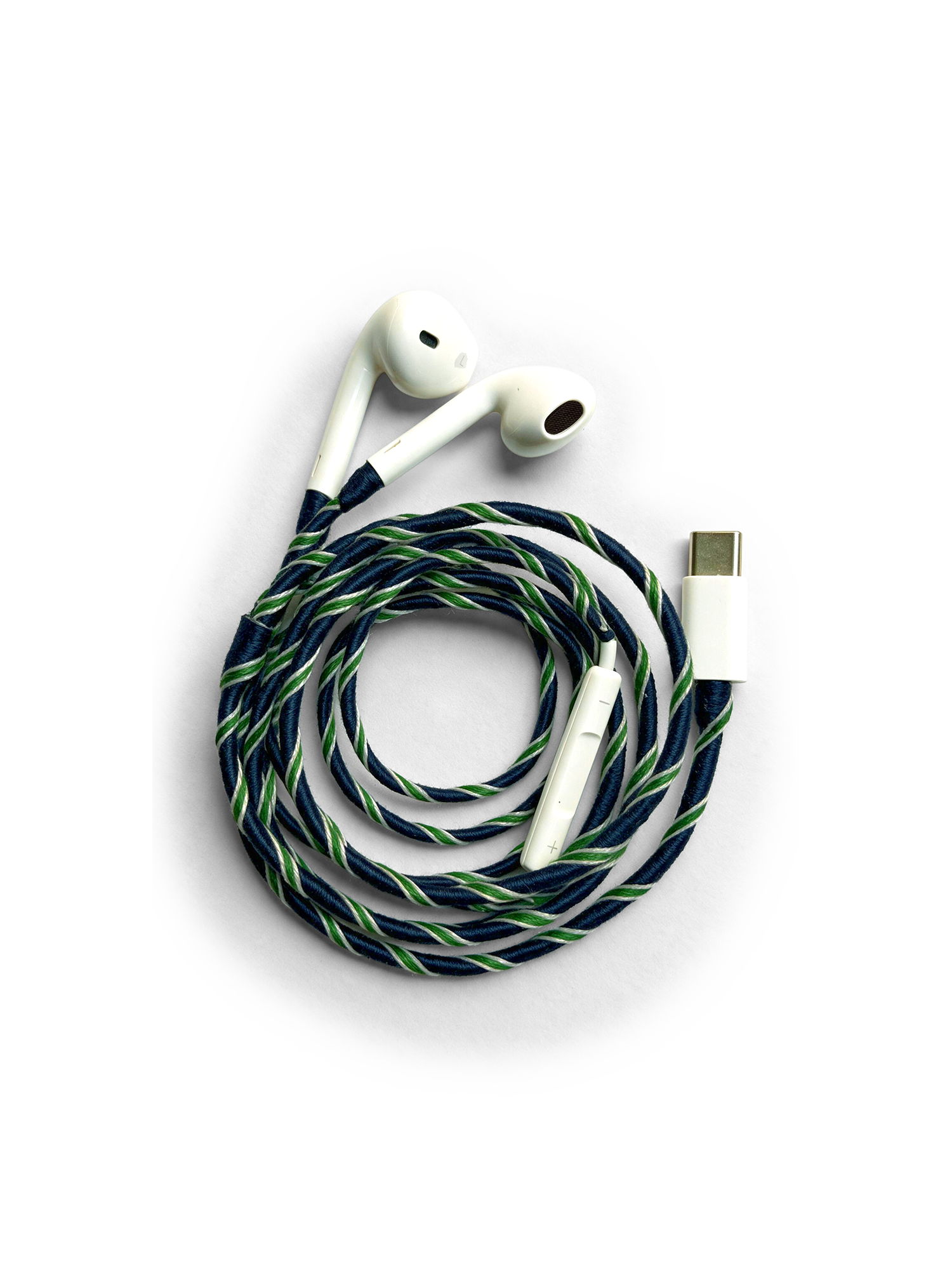 Veronica Beard White earbuds with a blue and green braided cord.