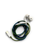 Veronica Beard White earbuds with a braided blue and green cord.