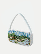 Veronica Beard White beaded shoulder bag with landscape embroidery.