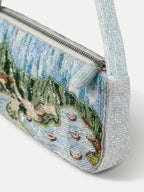 Veronica Beard White beaded shoulder bag with landscape embroidery.
