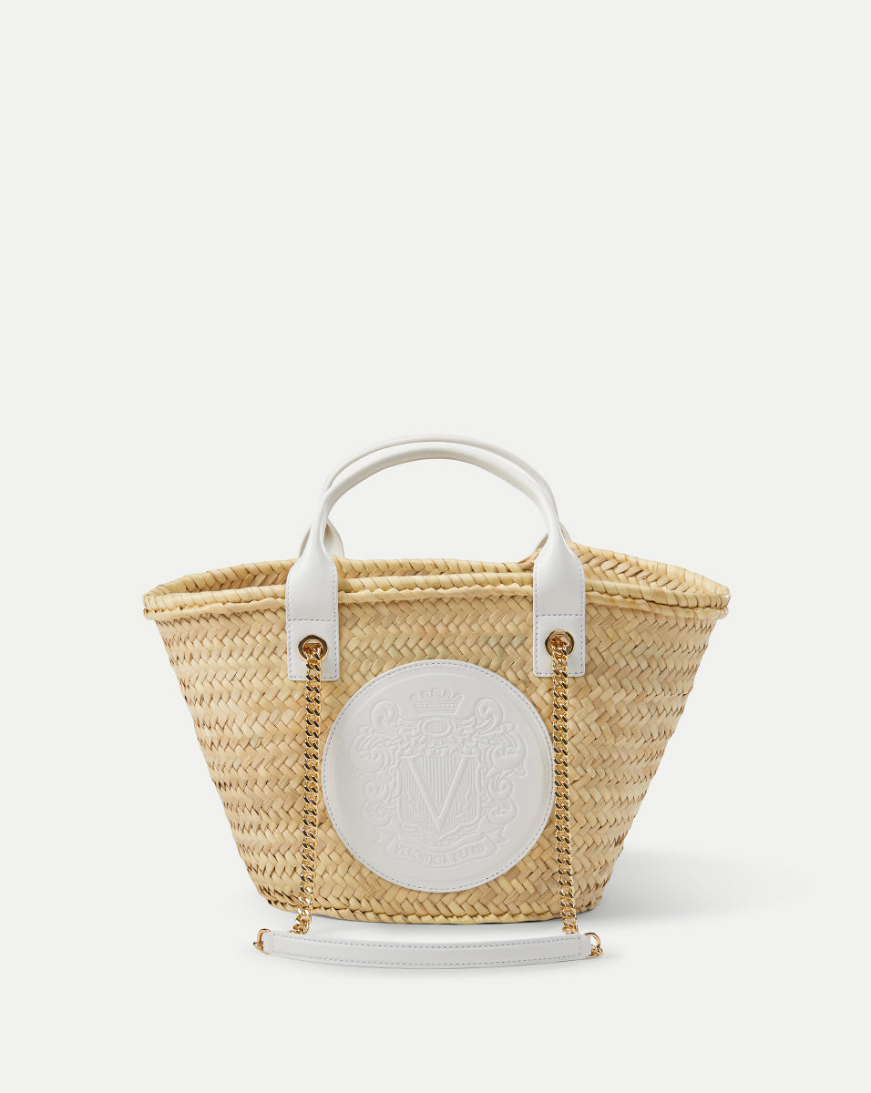 Small Raffia Crest Market Tote in Natural Straw/Off-White | Veronica Beard