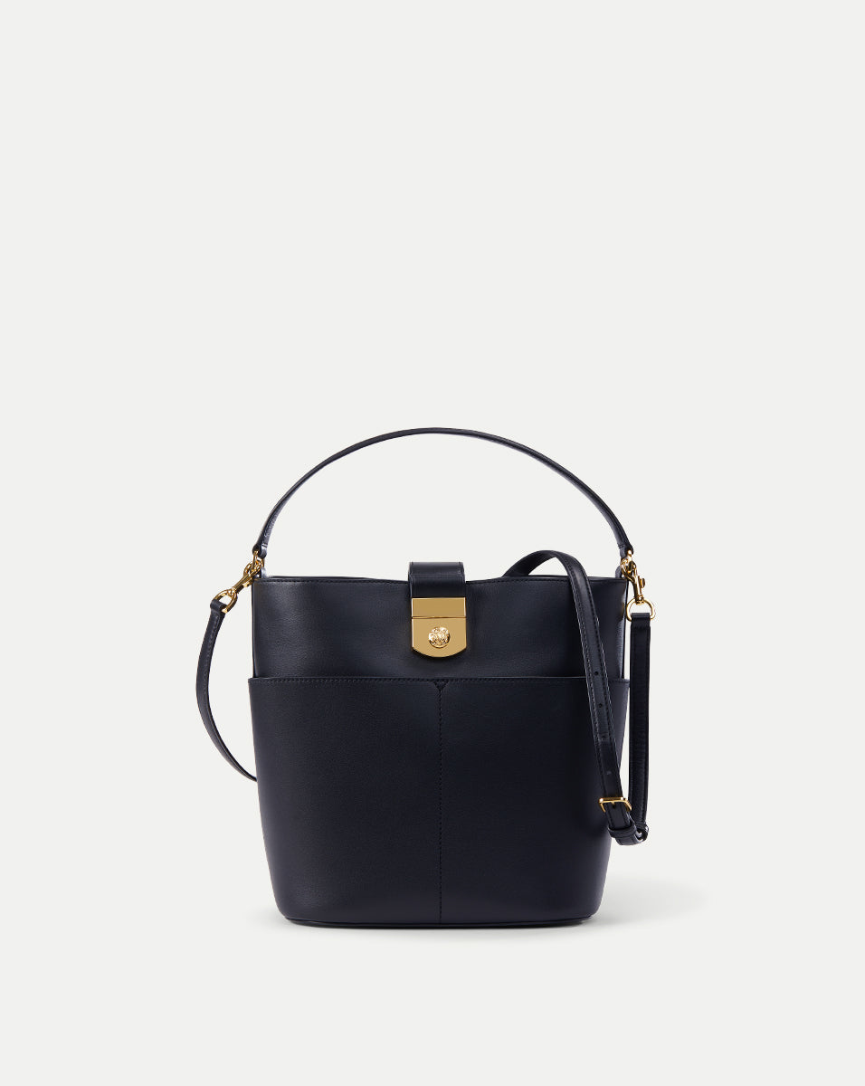 Small Crest Lock Bucket Bag in Navy | Veronica Beard