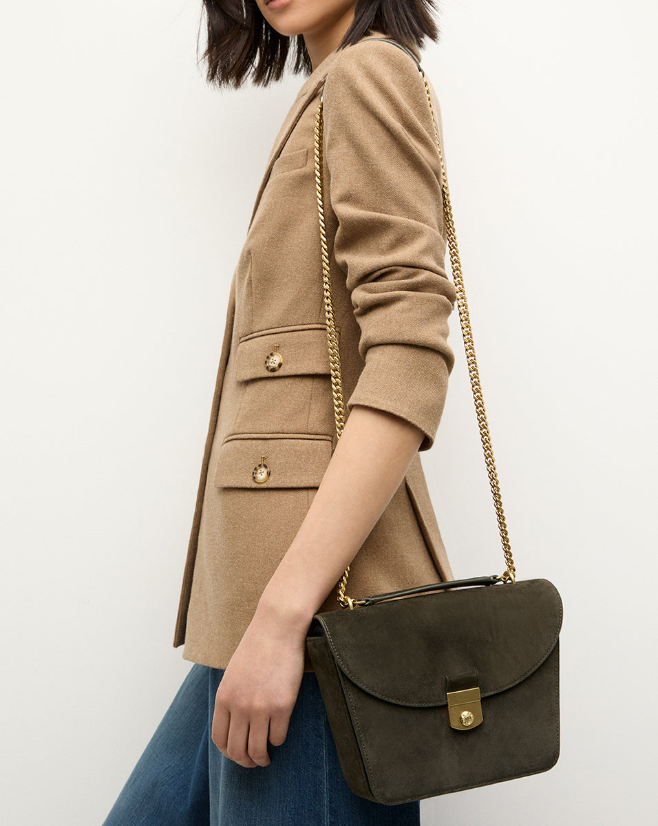 Double Link Suede Flap Bag in Pine | Veronica Beard