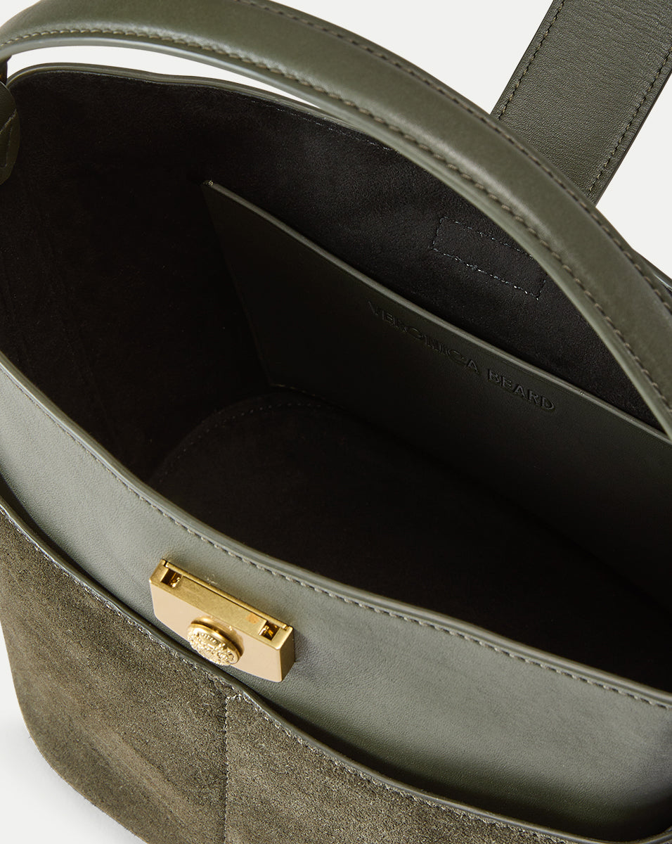 Small Crest Lock Suede Bucket Bag in Pine | Veronica Beard
